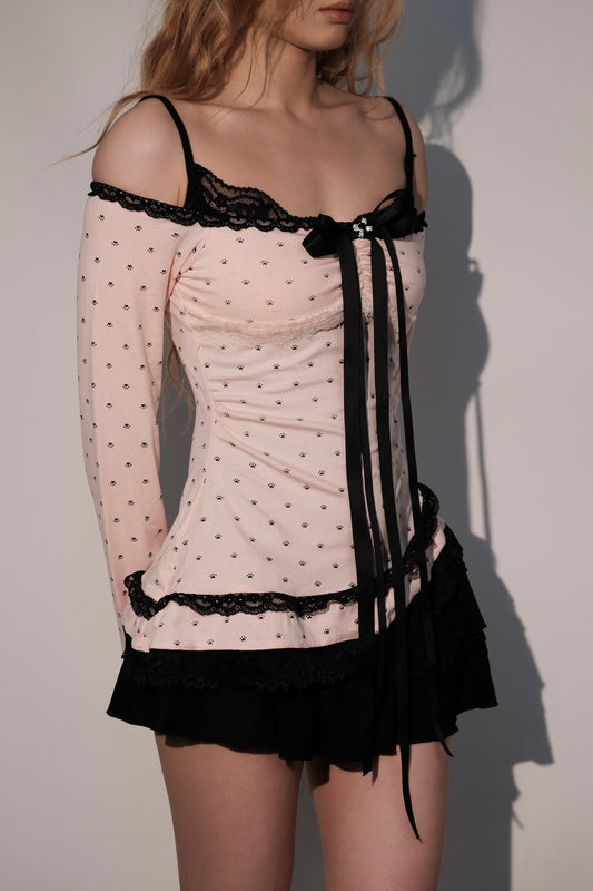 Polka dot top & lace puff skirt outfit