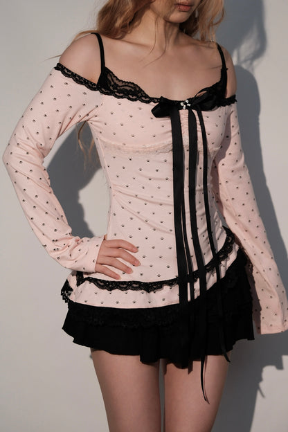 Polka dot top & lace puff skirt outfit