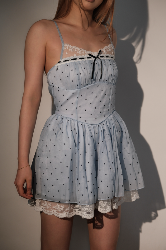 Baby blue polka dot lace strap dress