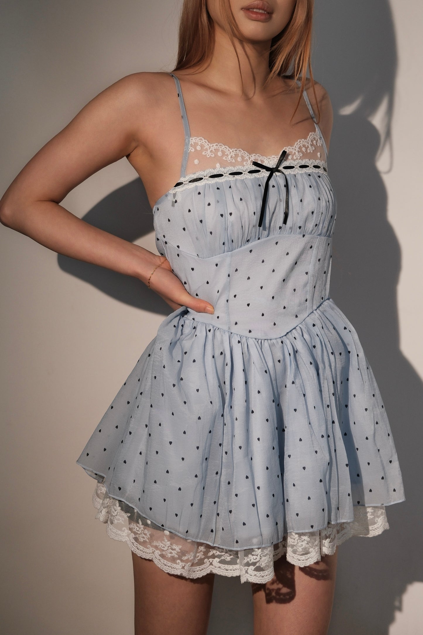 Baby blue polka dot lace strap dress