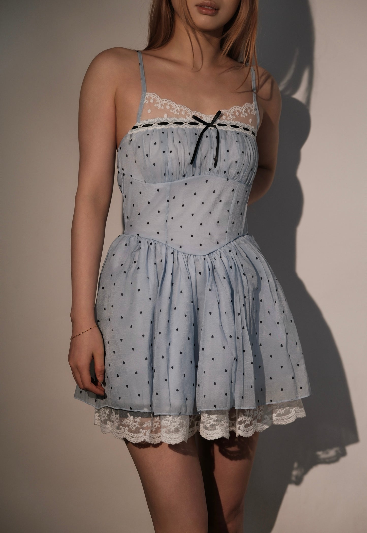 Baby blue polka dot lace strap dress