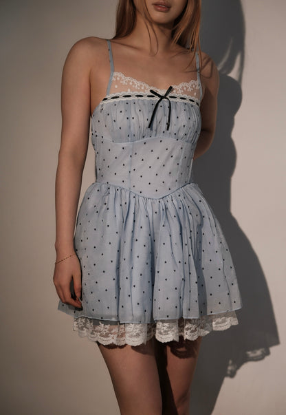 Baby blue polka dot lace strap dress