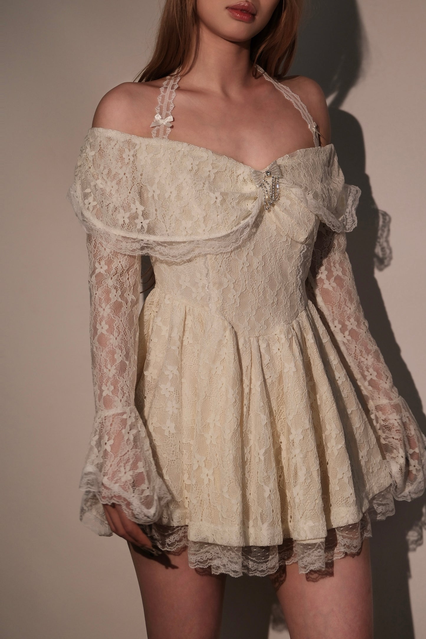 Off-Shoulder Lace Halter Neck Dress