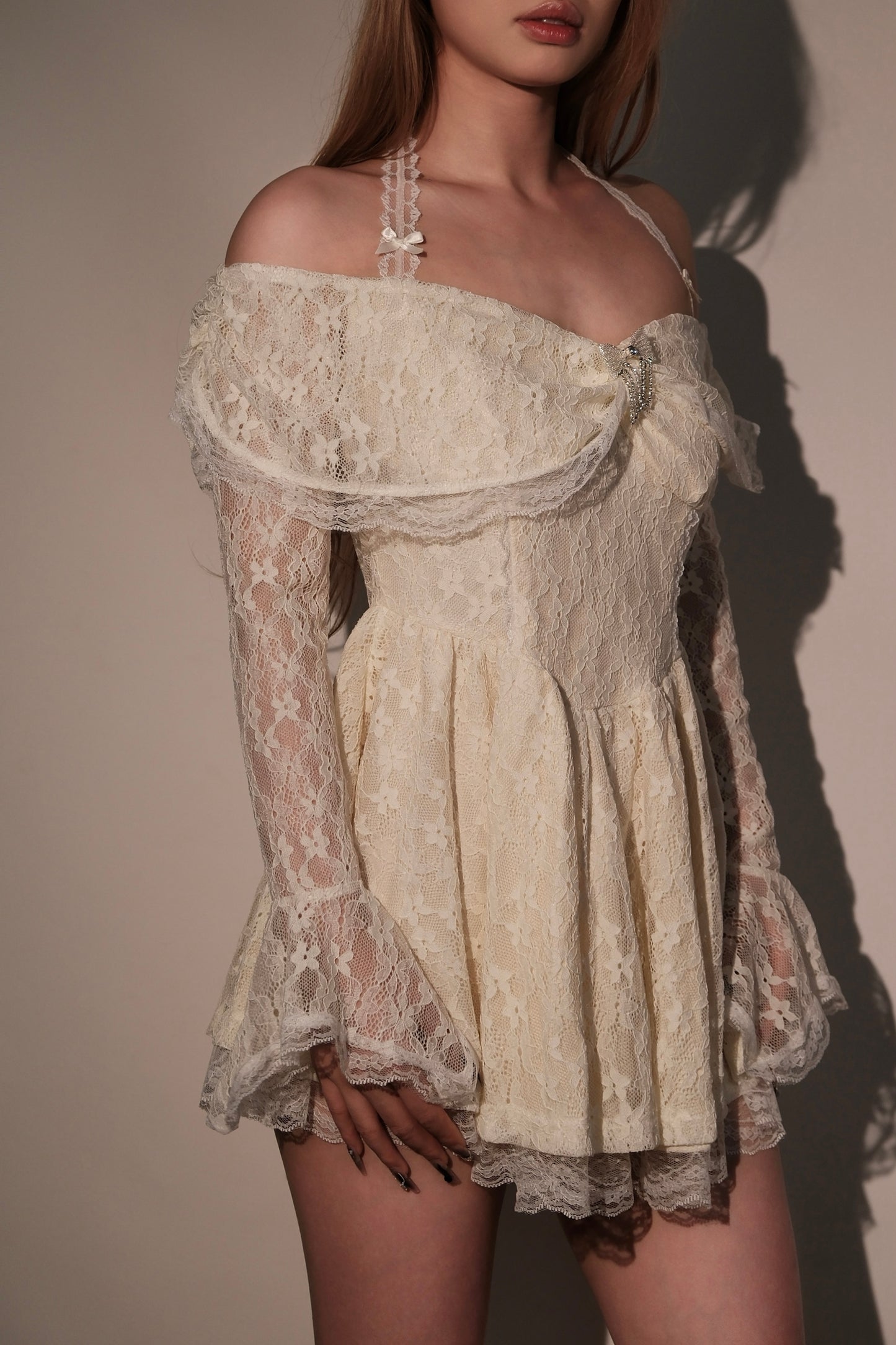 Off-Shoulder Lace Halter Neck Dress