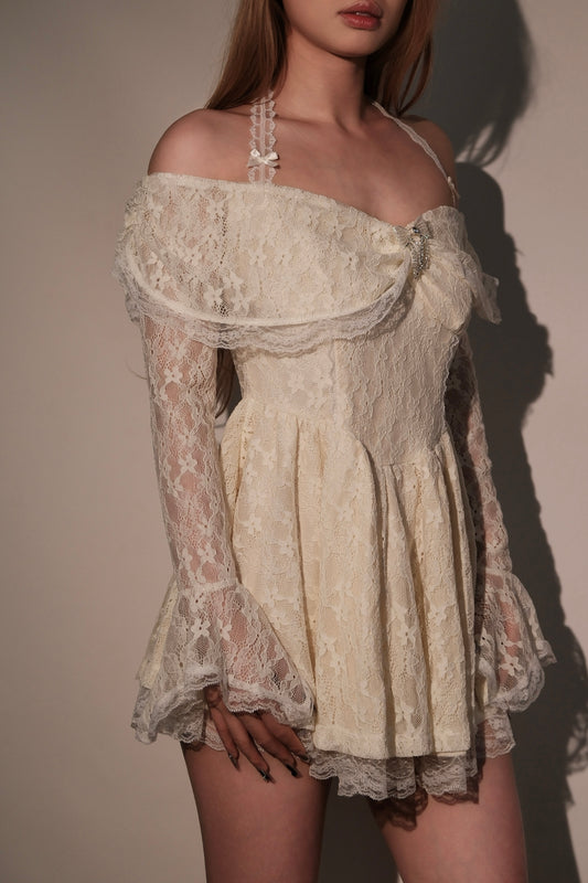 Off-Shoulder Lace Halter Neck Dress