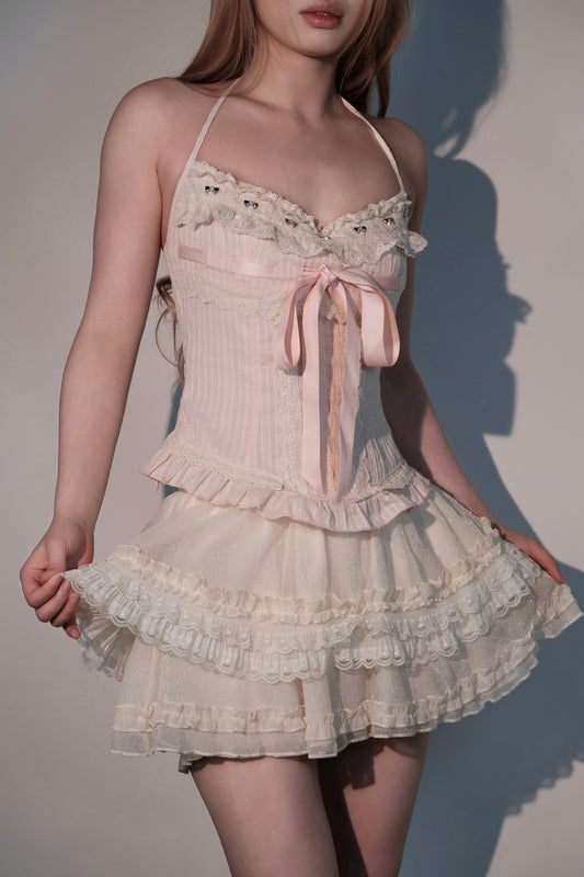 Sweetheart Neck Camisole with Cascading Tulle Mini Skirt