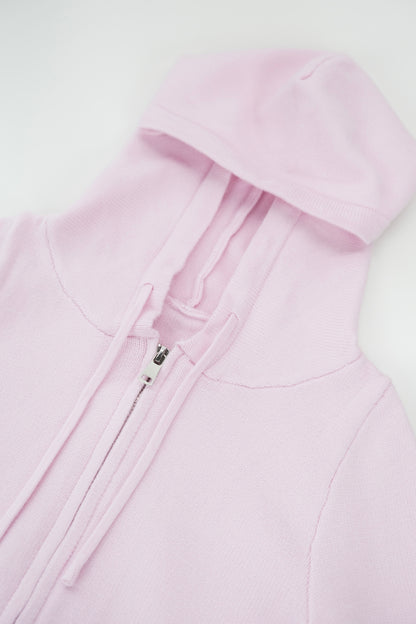 Pink Hooded Knit Set with Wide-Leg Trousers