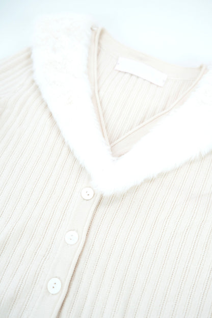 Plush Collar Knit Set with Pleated Skirt