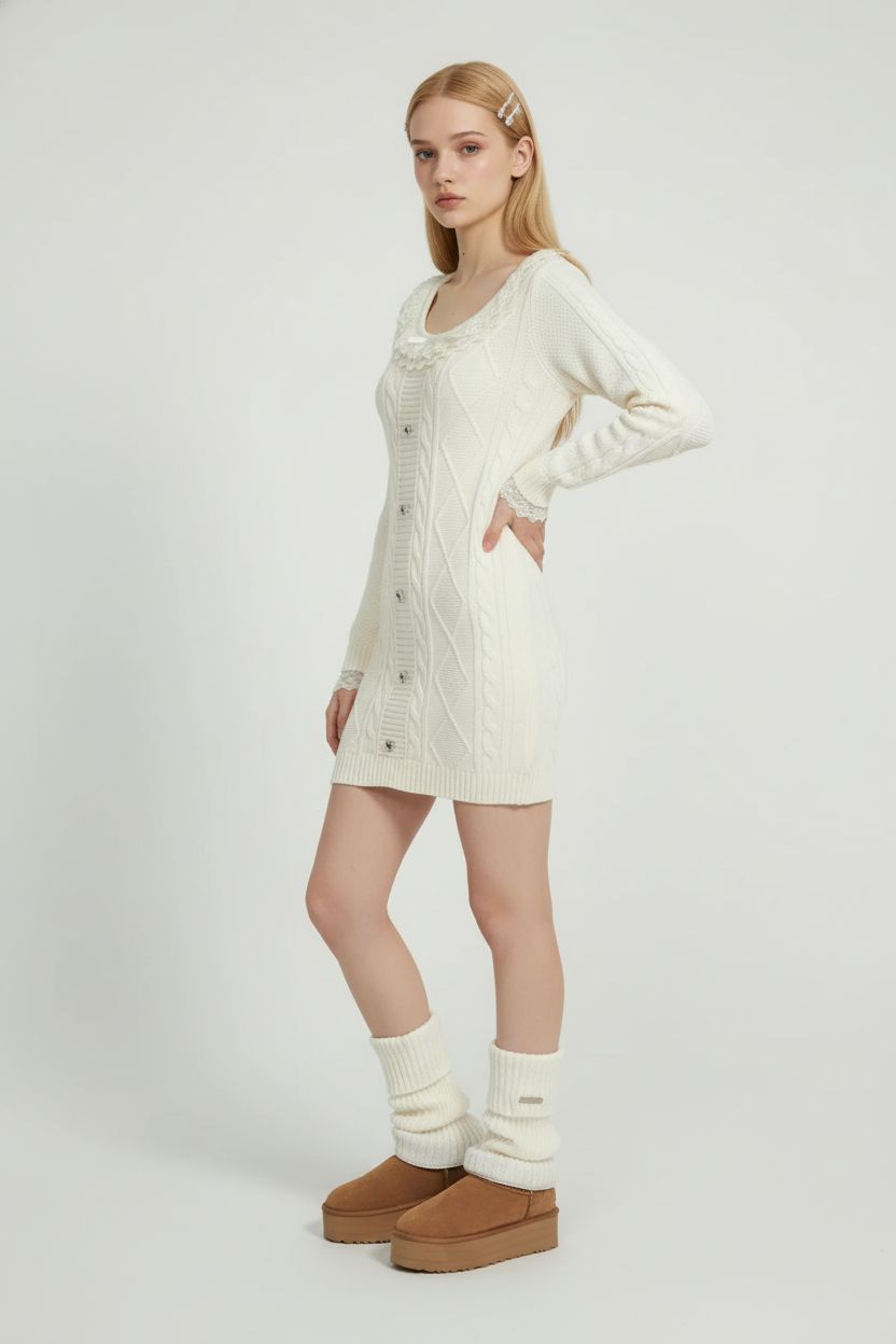 White Lace Knit Sweater Dress