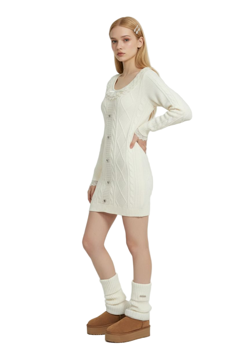White Lace Knit Sweater Dress