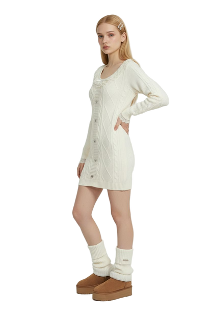 White Lace Knit Sweater Dress