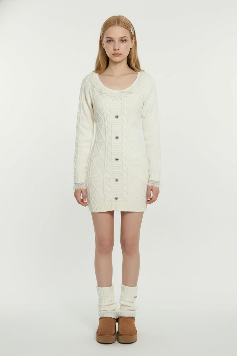 White Lace Knit Sweater Dress