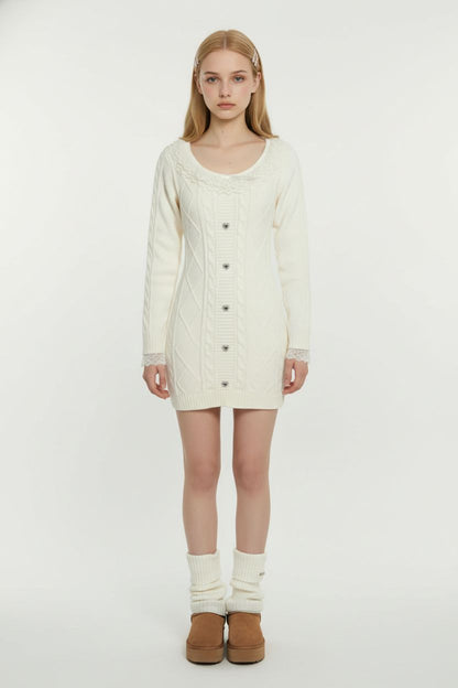 White Lace Knit Sweater Dress