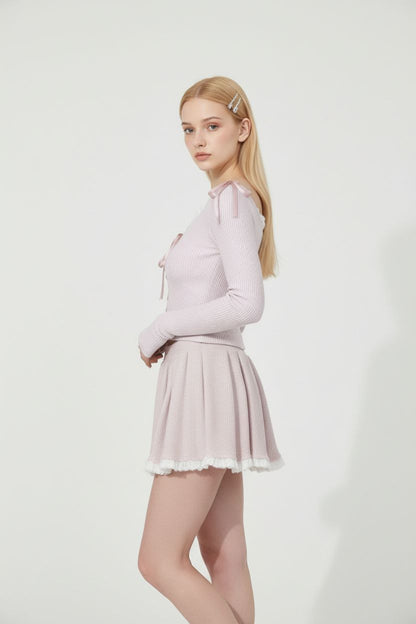 Lace-Knit Hooded Top & Pleated Skirt Set