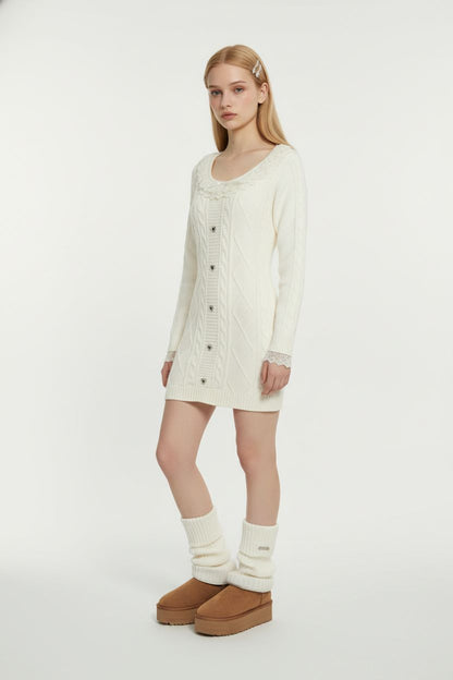 White Lace Knit Sweater Dress