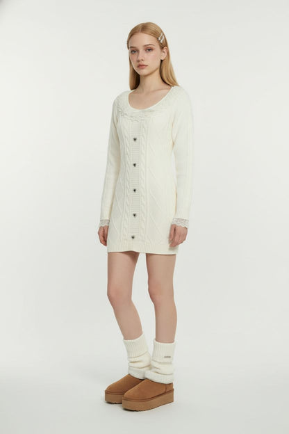 White Lace Knit Sweater Dress