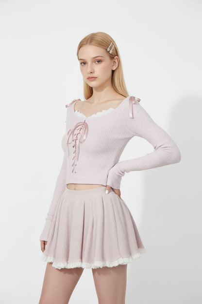 Lace-Knit Hooded Top & Pleated Skirt Set