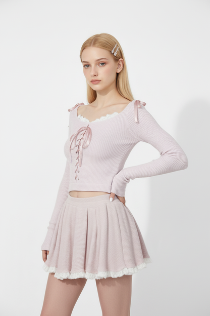 Lace-Knit Hooded Top & Pleated Skirt Set