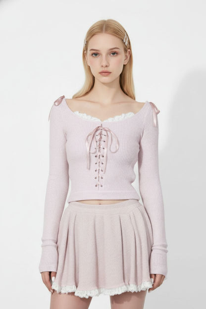 Lace-Knit Hooded Top & Pleated Skirt Set