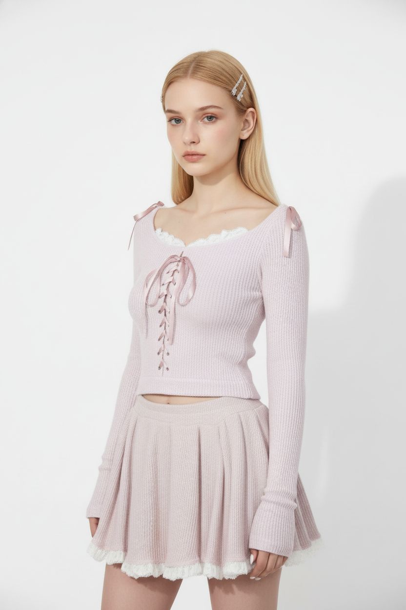 Lace-Knit Hooded Top & Pleated Skirt Set