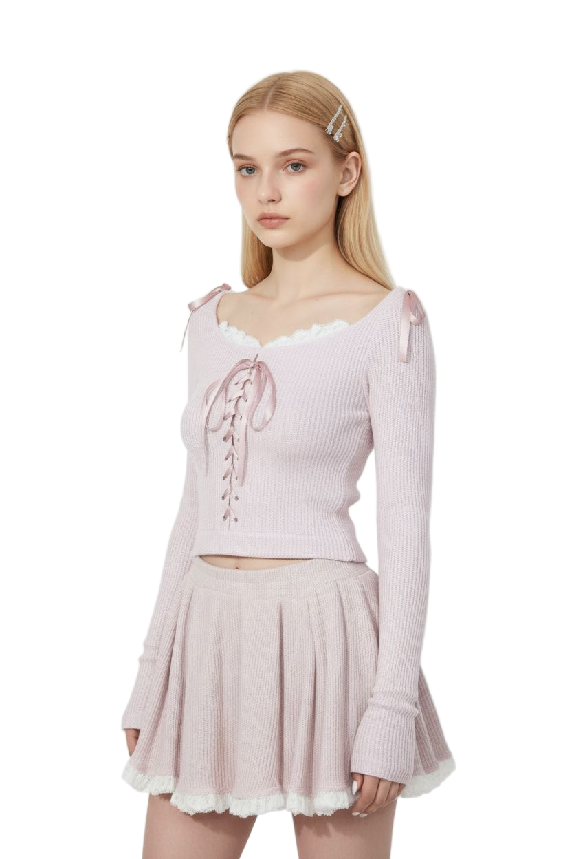 Lace-Knit Hooded Top & Pleated Skirt Set