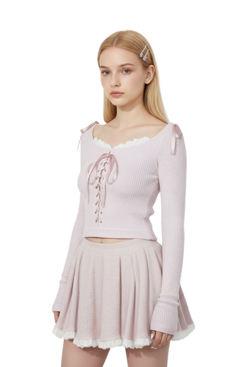 Lace-Knit Hooded Top & Pleated Skirt Set