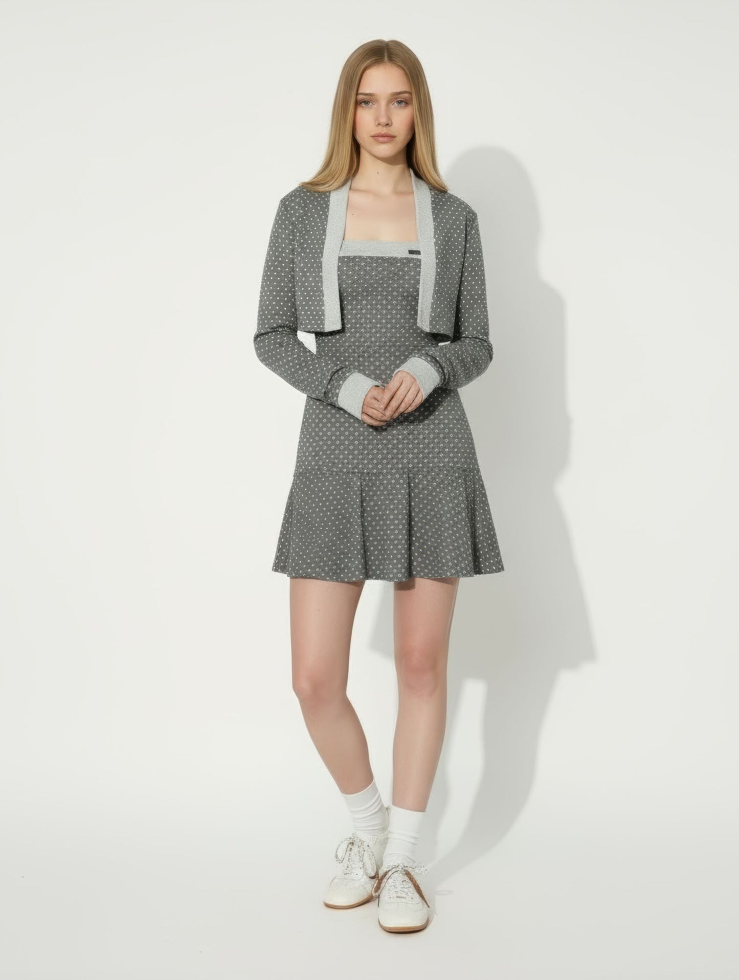 Gray Polka Dot Patchwork Tube Dress & Cardigan Set