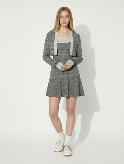 Gray Polka Dot Patchwork Tube Dress & Cardigan Set