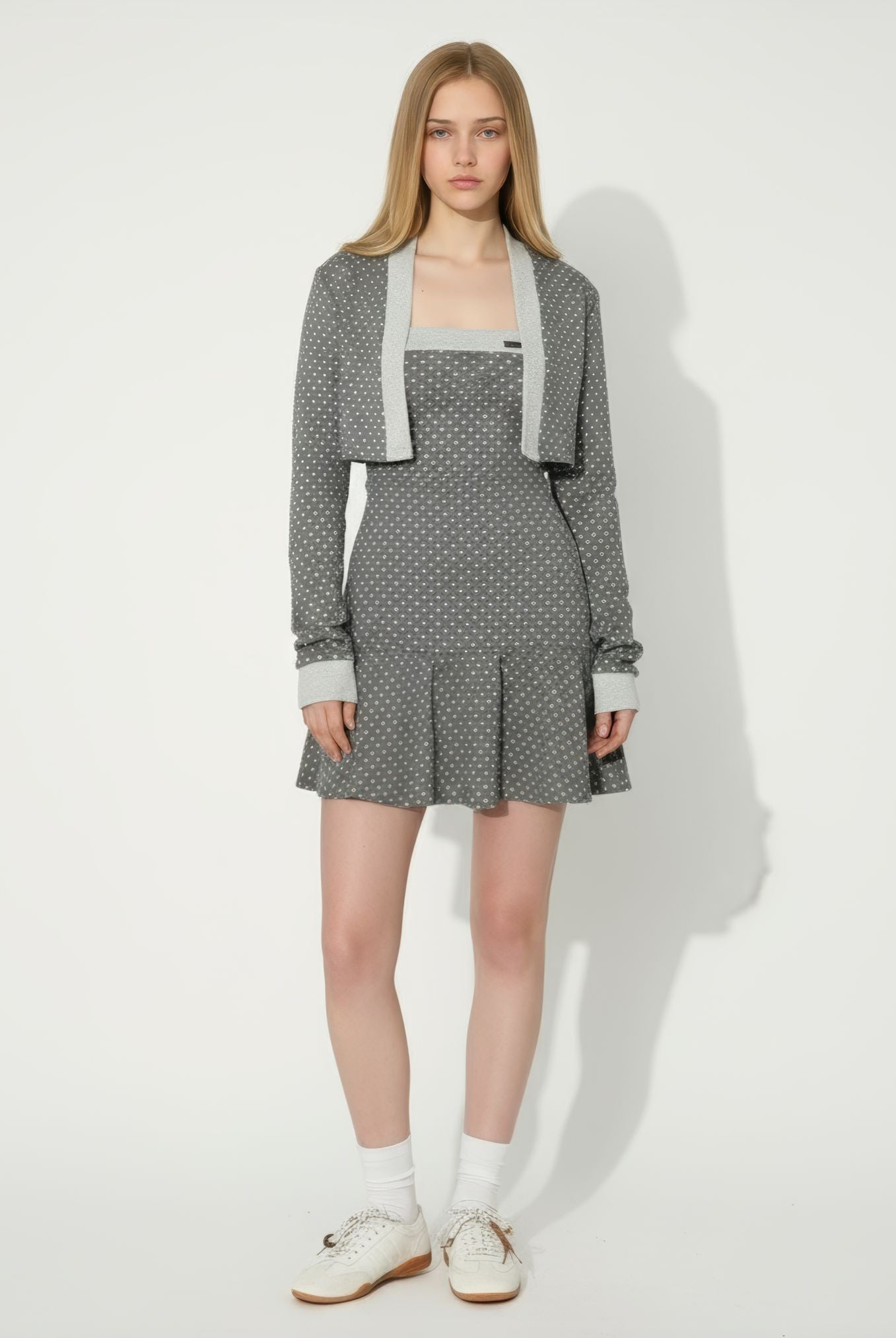 Gray Polka Dot Patchwork Tube Dress & Cardigan Set