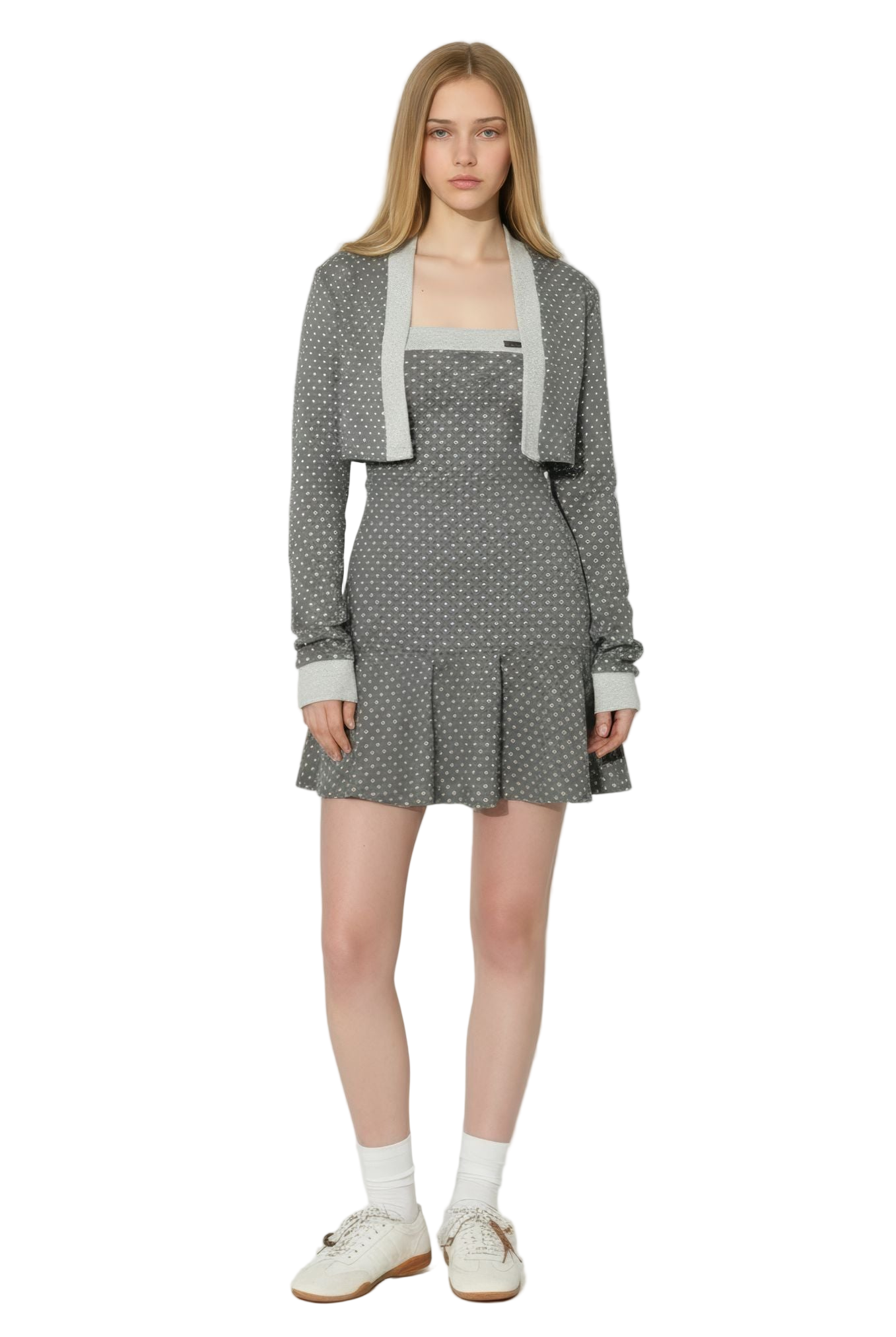 Gray Polka Dot Patchwork Tube Dress & Cardigan Set