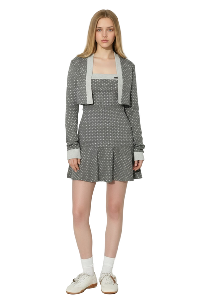 Gray Polka Dot Patchwork Tube Dress & Cardigan Set
