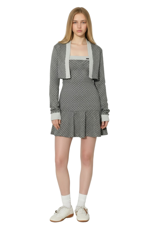 Gray Polka Dot Patchwork Tube Dress & Cardigan Set