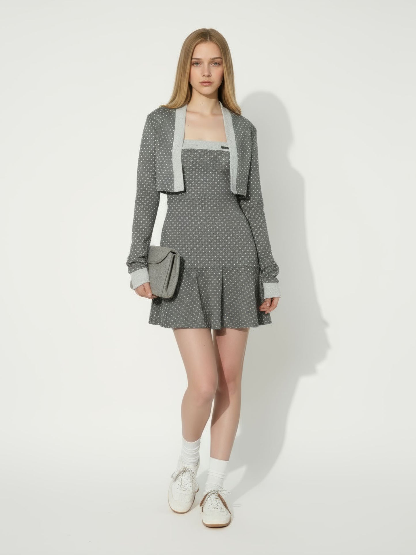 Gray Polka Dot Patchwork Tube Dress & Cardigan Set