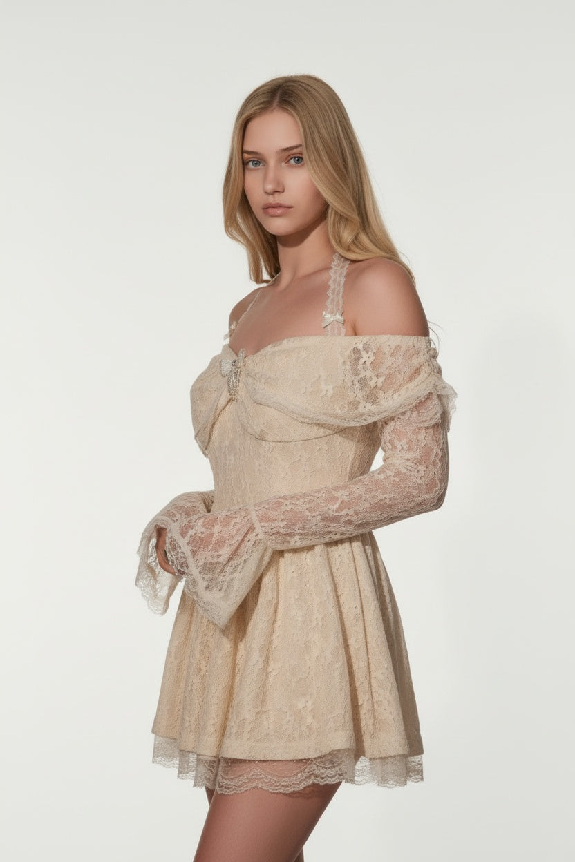 Off-Shoulder Lace Halter Neck Dress