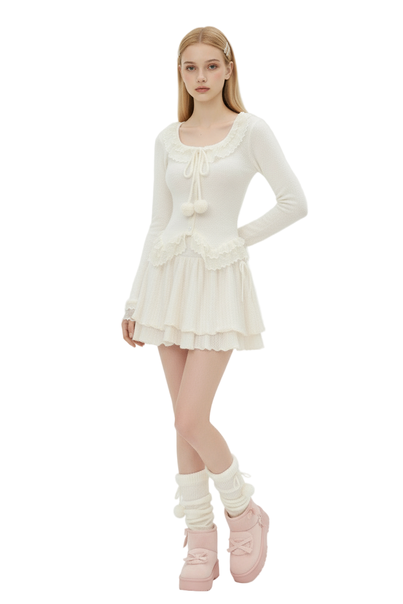 Soft Knit Two-Piece Set with Lace Ties and Pom-Poms