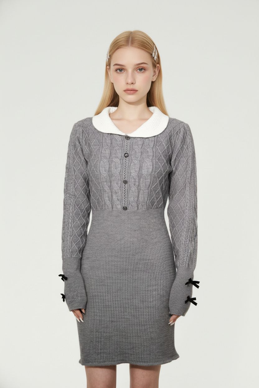 Gray Peter Pan Collar Knit Bodycon Dress