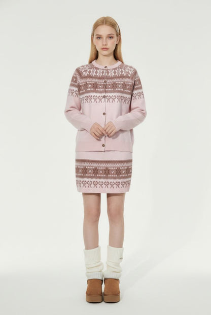 Pink Jacquard Knit Sweater & Skirt Set