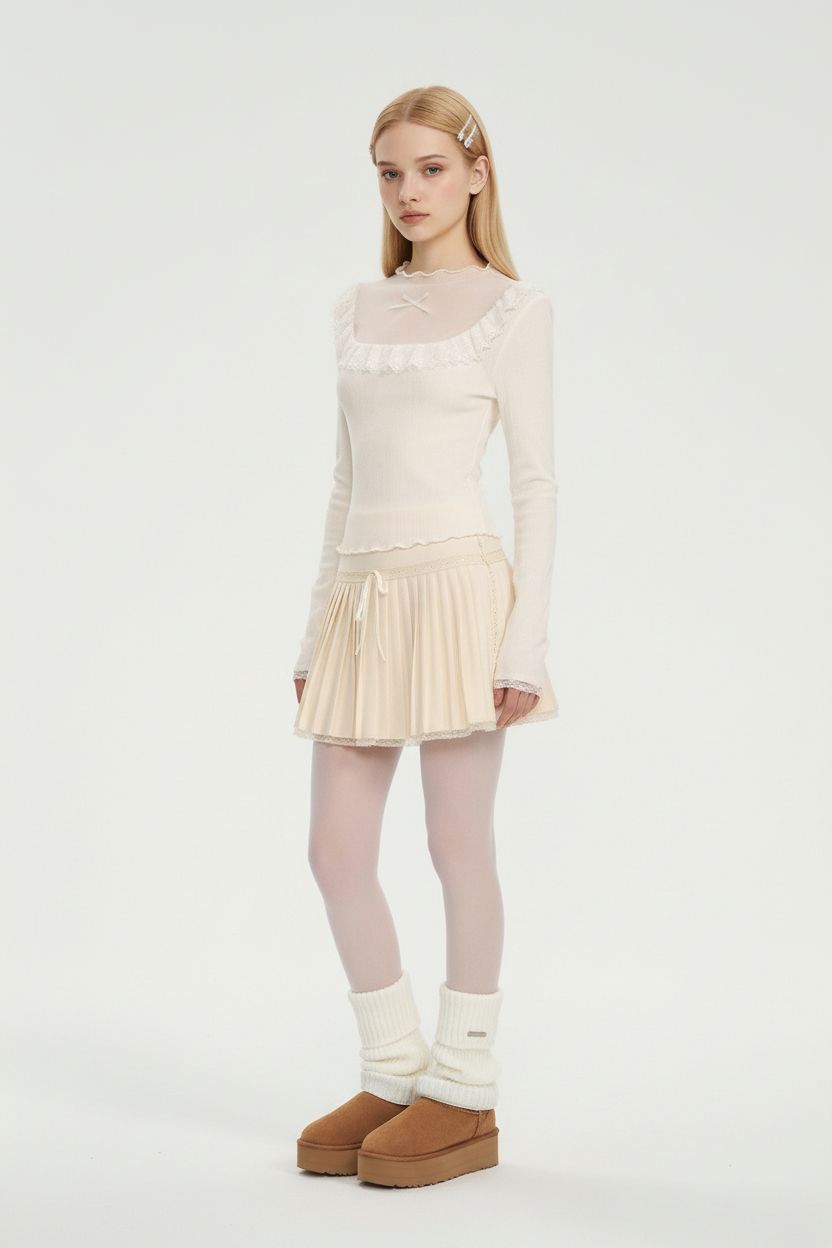 Slim Mock-Neck Knit Top with Lace Trim & Mesh Panels