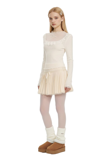 Slim Mock-Neck Knit Top with Lace Trim & Mesh Panels