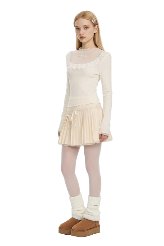 Slim Mock-Neck Knit Top with Lace Trim & Mesh Panels
