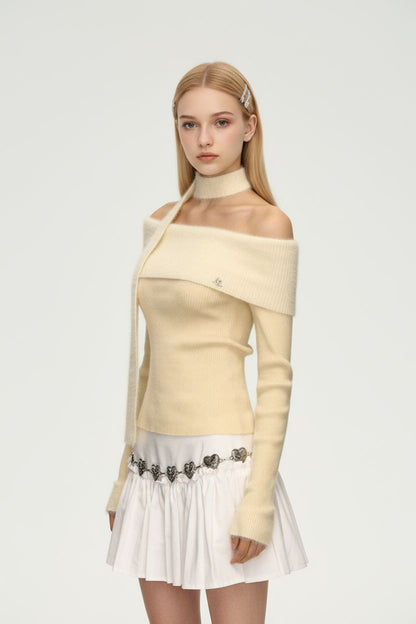 Vintage Off-Shoulder Knit Top – Long Sleeves