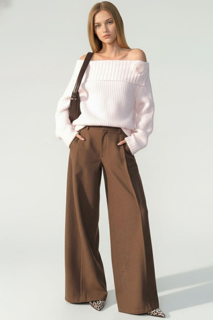 Off-Shoulder Rose-Decor Knit Sweater