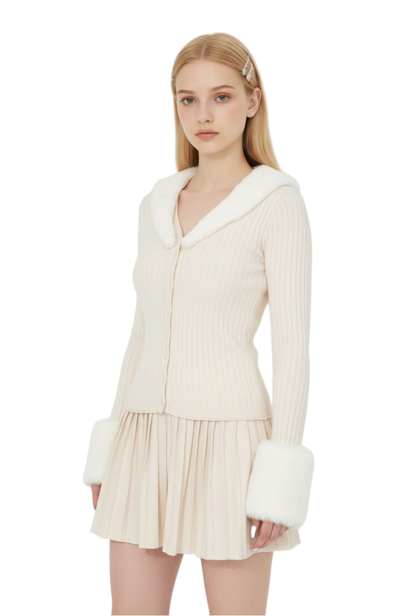 Plush Collar Knit Set with Pleated Skirt