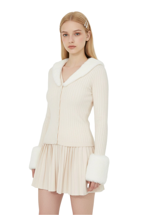 Plush Collar Knit Set with Pleated Skirt