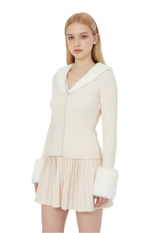 Plush Collar Knit Set with Pleated Skirt