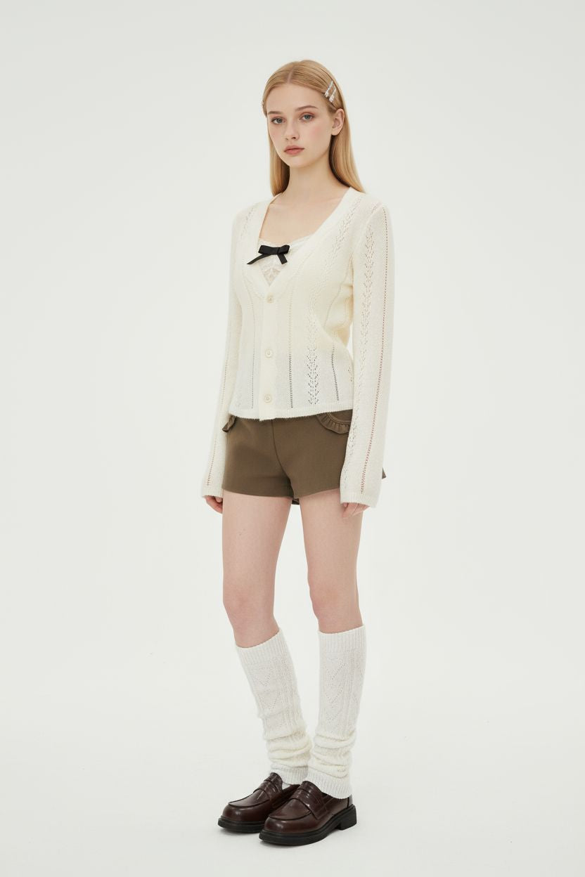 V-Neck Crochet Hollow Knit Cardigan with Lace Trim