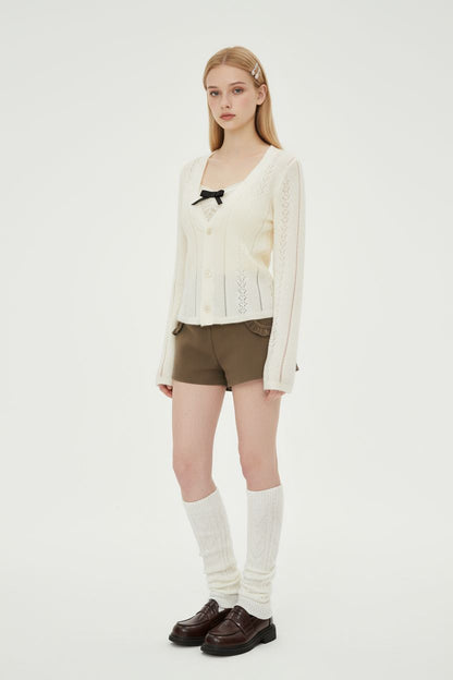 V-Neck Crochet Hollow Knit Cardigan with Lace Trim