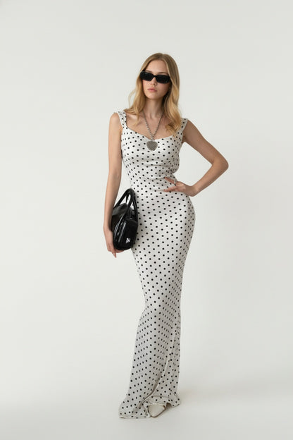 Bow-back black polka dot maxi dress