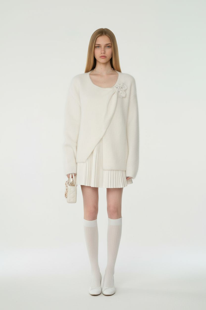 Soft Fuzzy Mohair Beaded Bow Sweater