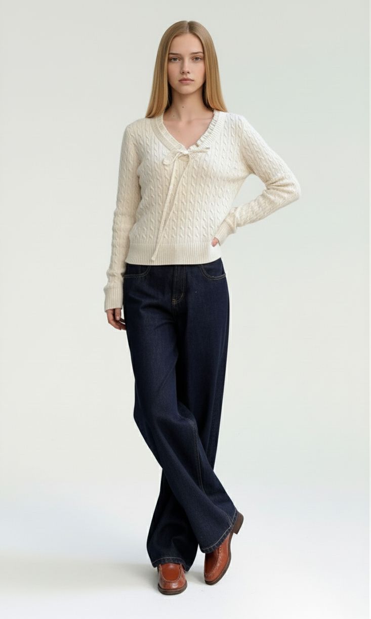 White Cable Knit Sweater with Ruffle Trim